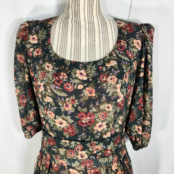 Vintage Ruth Varlan Black & Multi Floral Print Puff Sleeve Midi Dress Sz Medium - Picture 2 of 6